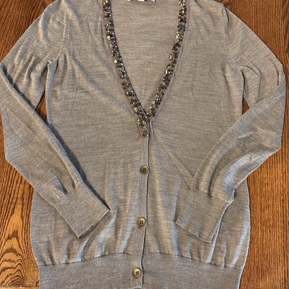 LOFT Taupe brown Cardigan with Sequin Trim wool blend lightweight button down M - Picture 13 of 13